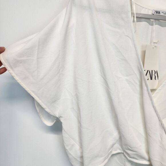 Zara Crossover Blouse Top Size L White Short Sleeve Pullover V-neck Flowy Chic - Picture 5 of 13